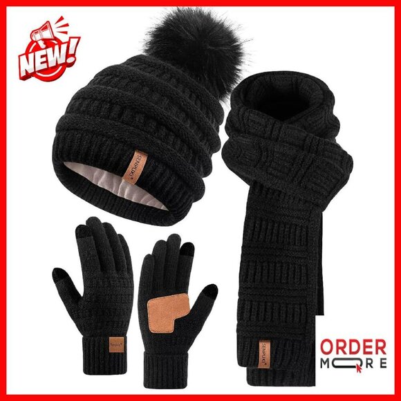 Fleece Lined Pom Pom Beanie Scarf Touchscreen Gloves Winter Set main image 7